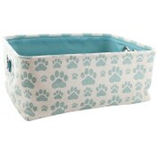 Wholesale - 17"x13"xH8 Ivory Linen wTeal Pet Bin Paw Prints all Over and Teal Interior C/P 12, UPC: 634894019871